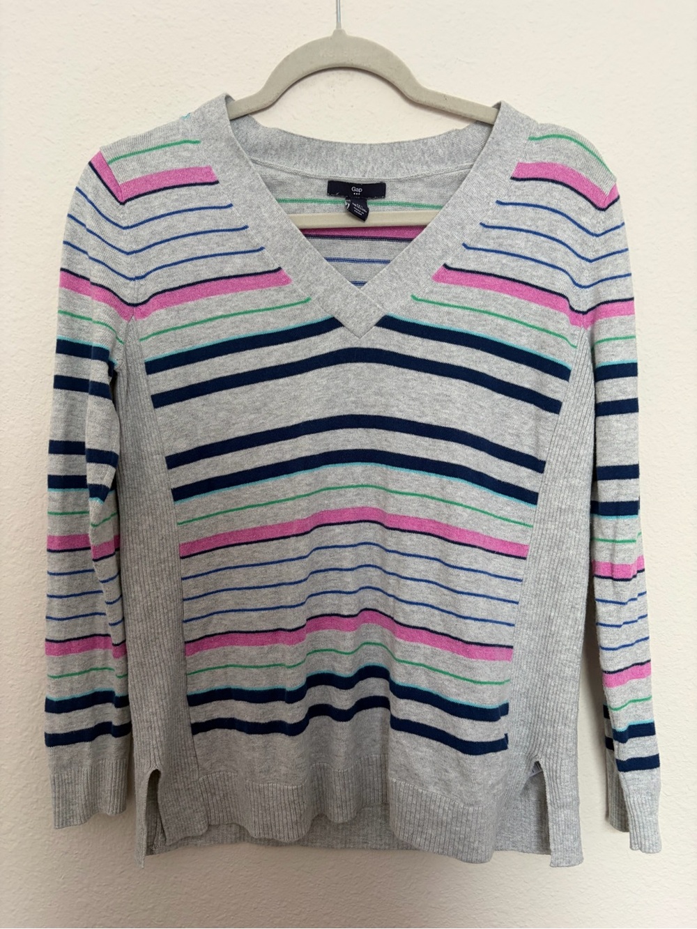 GAP Light Gray V-Neck Sweater with Navy, Pink & Mint Stripes